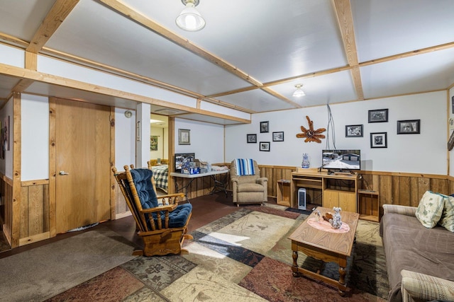 24621 Long Lake Rd, Bigfork, MN 56628 - carpeted living area with wainscoting and wood walls