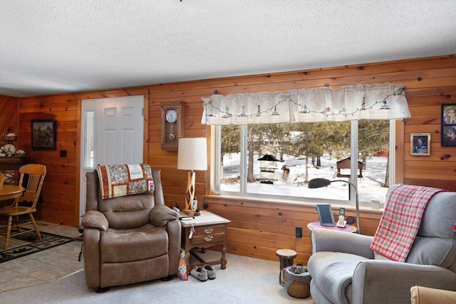 24621 Long Lake Rd, Bigfork, MN 56628 - carpeted living room featuring wooden walls, plenty of natural light, and a textured ceiling