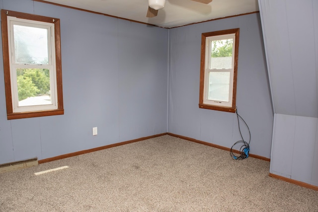 304 Pearl St, Spring Valley, MN 55975 - empty room with carpet, a baseboard radiator, ceiling fan, and crown molding