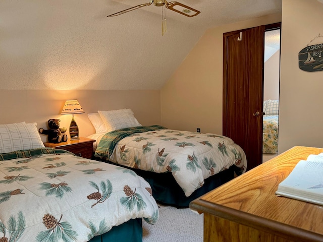 15467 Twilight Rd, Onamia, MN 56359 - bedroom with lofted ceiling, carpet, a textured ceiling, and ceiling fan