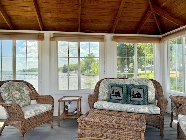 15467 Twilight Rd, Onamia, MN 56359 - sunroom / solarium with wooden ceiling, a water view, and wood-type flooring