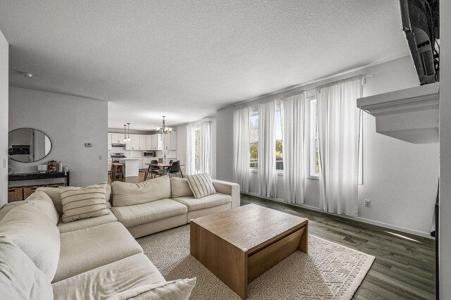 7804 Stafford Trl, Savage, MN 55378 - living area with wood finished floors, a chandelier, and a textured ceiling