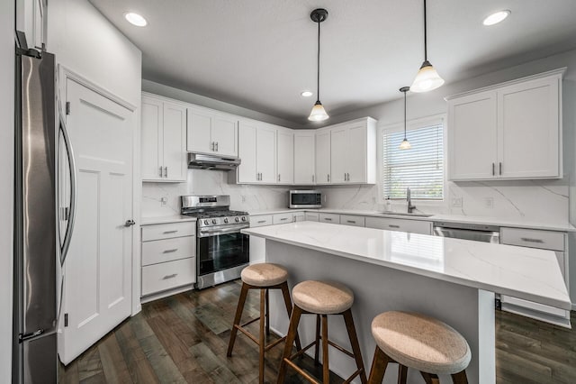 7804 Stafford Trl, Savage, MN 55378 - kitchen with appliances with stainless steel finishes, under cabinet range hood, dark wood finished floors, a breakfast bar area, and recessed lighting
