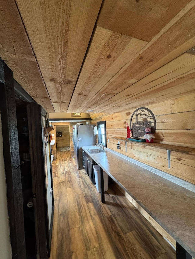 34463 Green Valley Rd SE, Woodside Twp, MN 56736 - hall with wood walls, wood-type flooring, and wood ceiling