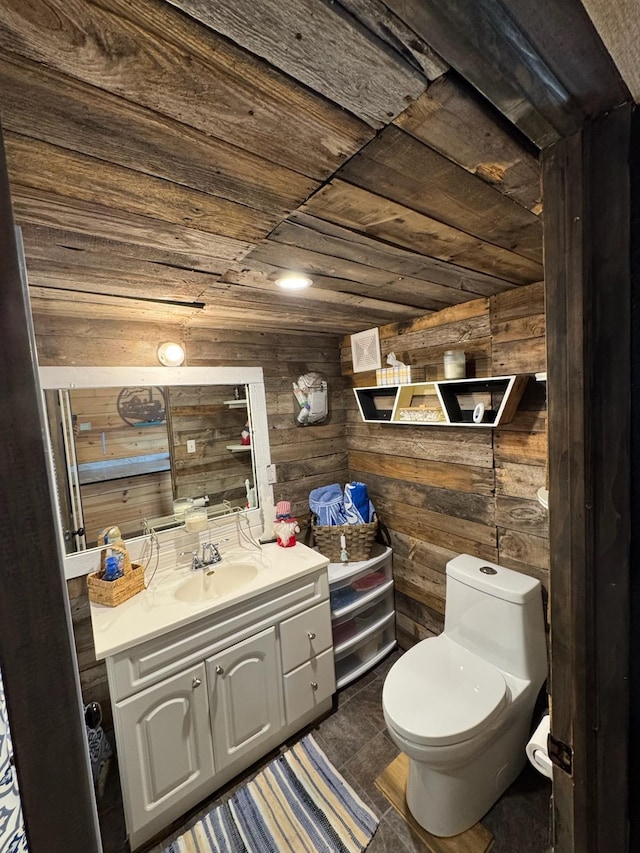 34463 Green Valley Rd SE, Woodside Twp, MN 56736 - half bathroom featuring vanity, wood walls, and wood ceiling