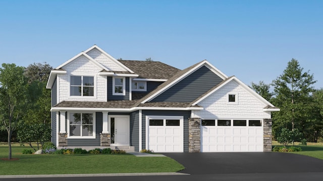 18695 Kennedy St NW, Elk River, MN 55330 - craftsman-style home with a garage, asphalt driveway, a front yard, stone siding, and a shingled roof