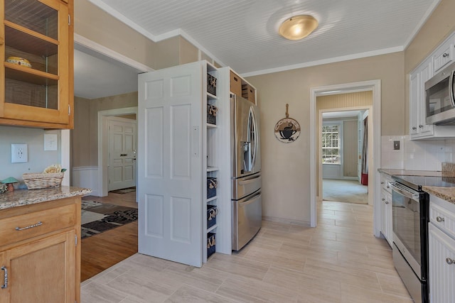 426 Armstrong Ave, Litchfield, MN 55355 - kitchen with stainless steel appliances, light stone countertops, glass insert cabinets, backsplash, and open shelves