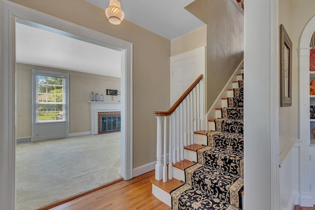426 Armstrong Ave, Litchfield, MN 55355 - stairs featuring wood finished floors, a fireplace, and carpet flooring