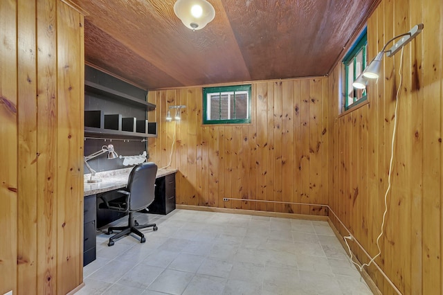 426 Armstrong Ave, Litchfield, MN 55355 - office area featuring wooden walls, wood ceiling, built in study area, and tile patterned floors