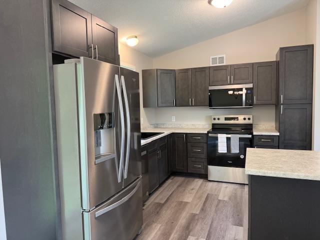 1312 Natures Trl, Alexandria, MN 56308 - kitchen with stainless steel appliances, lofted ceiling, light wood-type flooring, and light countertops