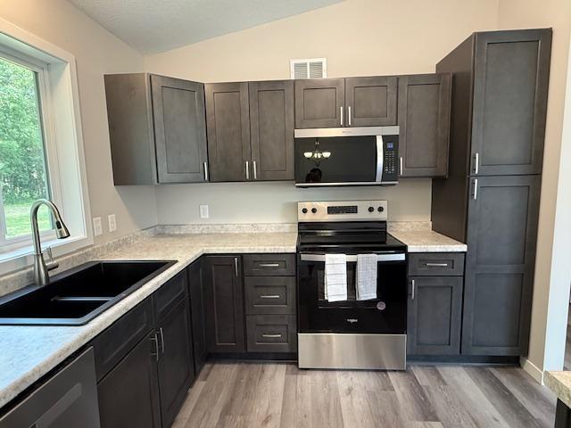 1312 Natures Trl, Alexandria, MN 56308 - kitchen with appliances with stainless steel finishes, lofted ceiling, light wood-style floors, and light countertops