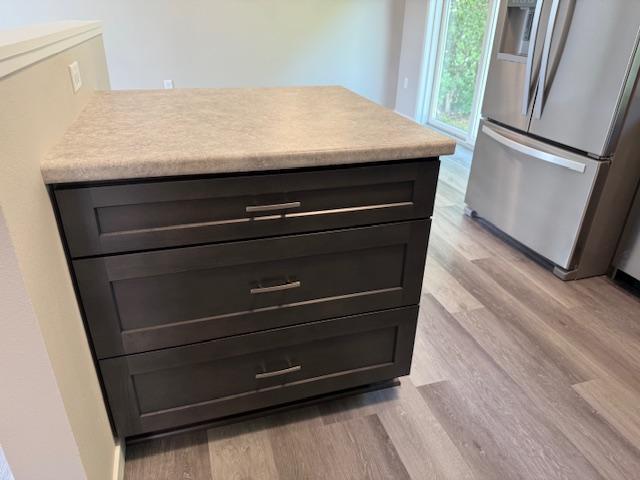 1312 Natures Trl, Alexandria, MN 56308 - kitchen view of stainless steel fridge with ice dispenser, light wood finished floors, and light countertops