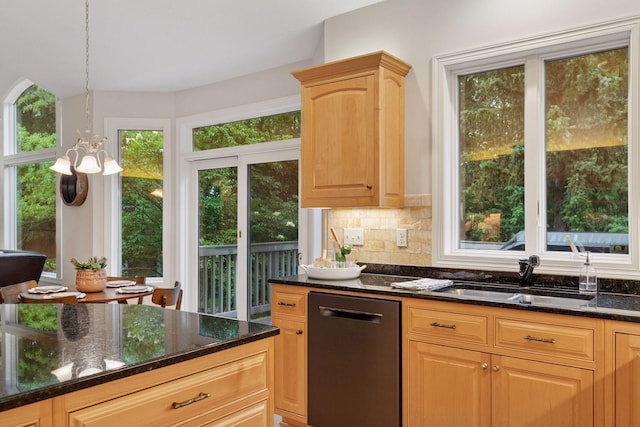 100 River Bluff Pl NW, Rochester, MN 55901 - kitchen with dishwasher, a chandelier, healthy amount of natural light, and dark stone countertops
