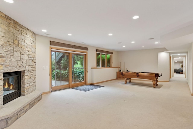 100 River Bluff Pl NW, Rochester, MN 55901 - playroom with carpet flooring, a fireplace, billiards table, and recessed lighting