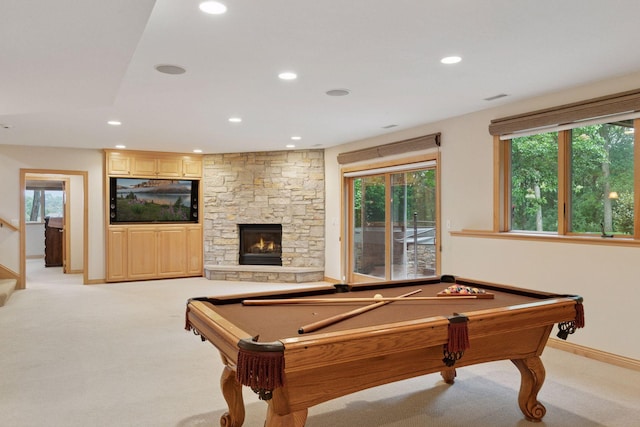 100 River Bluff Pl NW, Rochester, MN 55901 - recreation room with recessed lighting, billiards, light carpet, and a fireplace