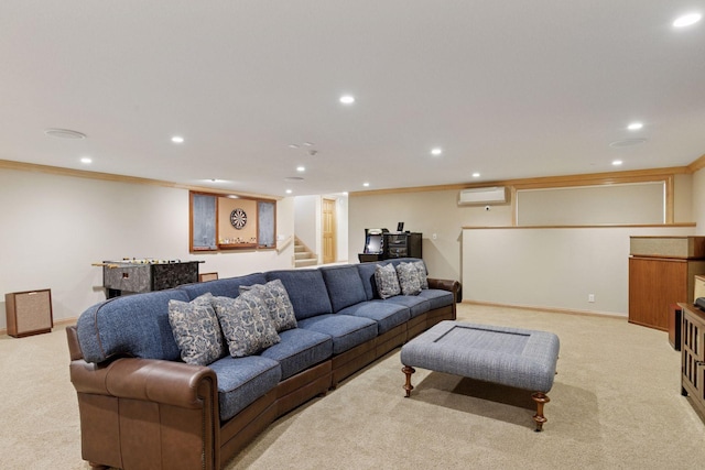 100 River Bluff Pl NW, Rochester, MN 55901 - living area with light carpet, recessed lighting, ornamental molding, a wall mounted AC, and stairway