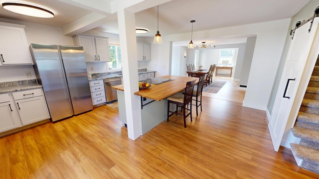 410 Atlantic Ave W, Grove City, MN 56243 - kitchen featuring stainless steel appliances, a barn door, light wood-style flooring, and pendant lighting