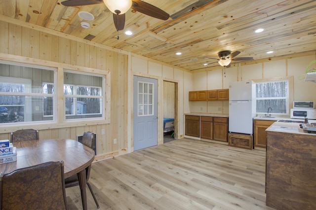5134 Briar Ln SW, Meadowbrook Twp, MN 56466 - kitchen with freestanding refrigerator, wooden ceiling, ceiling fan, light wood-type flooring, and brown cabinets