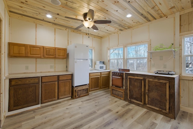 5134 Briar Ln SW, Meadowbrook Twp, MN 56466 - kitchen featuring white appliances, wooden ceiling, light wood finished floors, ceiling fan, and light countertops