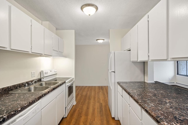 4130 Rahn Rd Unit 310, Eagan, MN 55122 - kitchen featuring white appliances, wood finished floors, white cabinetry, under cabinet range hood, and a textured ceiling