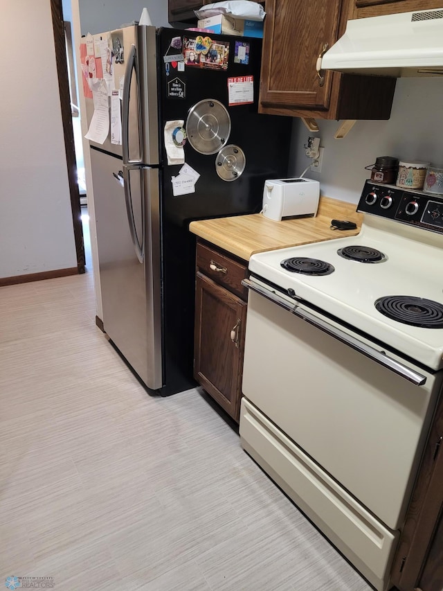 2402 18th St S Unit 3, Fargo, ND 58103 - kitchen featuring white electric range oven, under cabinet range hood, dark brown cabinetry, and light floors