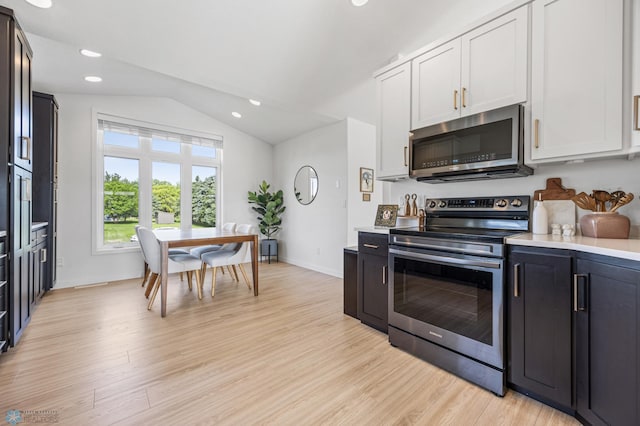 421 2nd Ave S, Kindred, ND 58051 - kitchen with stainless steel appliances, lofted ceiling, light countertops, light wood finished floors, and recessed lighting