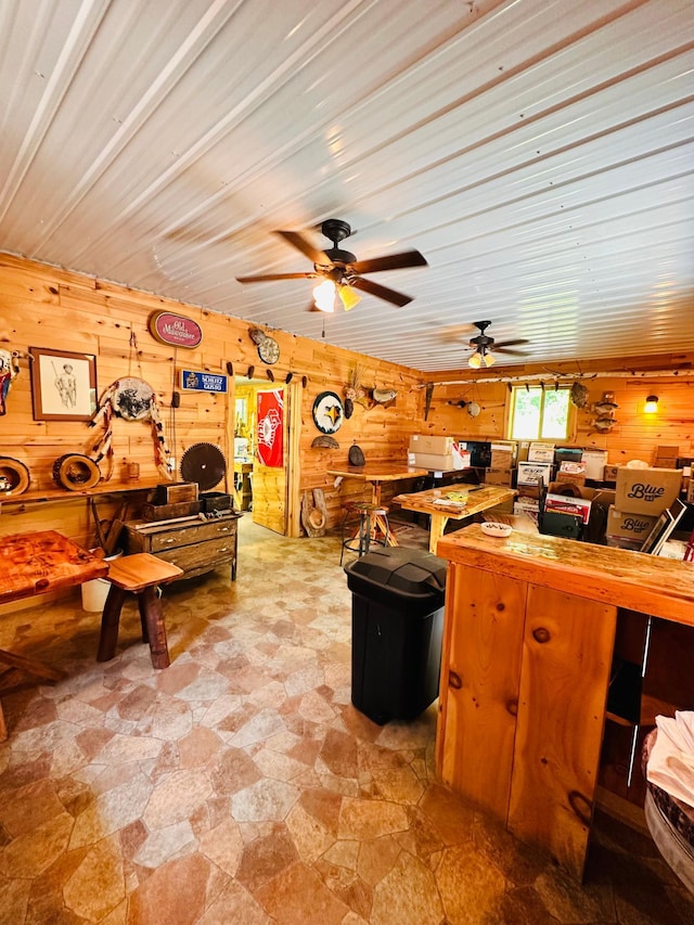1414 E Shore Dr, Edgewater, WI 54817 - kitchen with wood walls, stone finish floors, ceiling fan, and wood ceiling