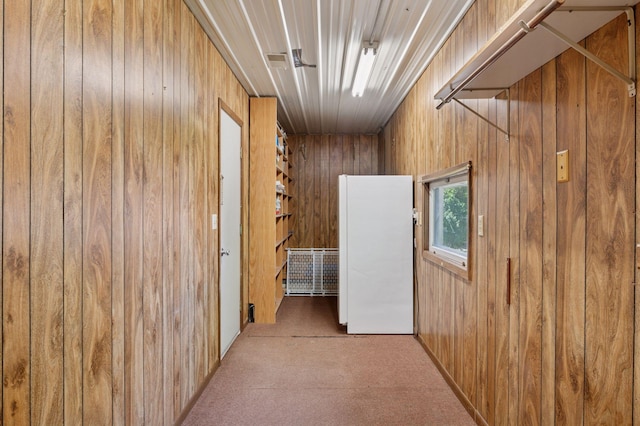 29908 108th St NW, Baldwin Twp, MN 55371 - hallway featuring wooden walls and light colored carpet