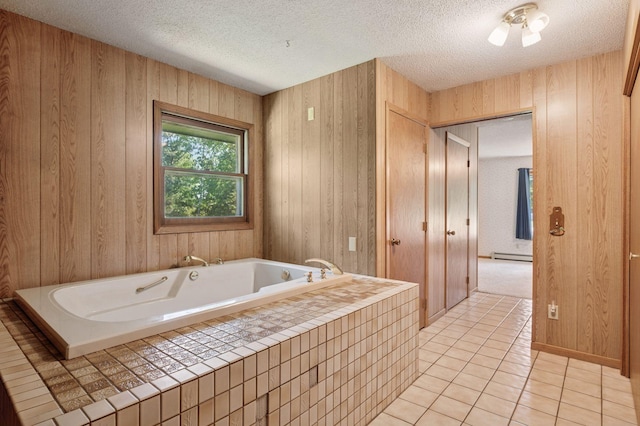 29908 108th St NW, Baldwin Twp, MN 55371 - full bathroom with a garden tub, tile patterned floors, a baseboard heating unit, a textured ceiling, and wood walls