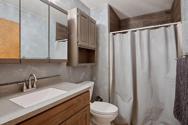 29908 108th St NW, Baldwin Twp, MN 55371 - bathroom featuring vanity, curtained shower, a textured ceiling, and tasteful backsplash