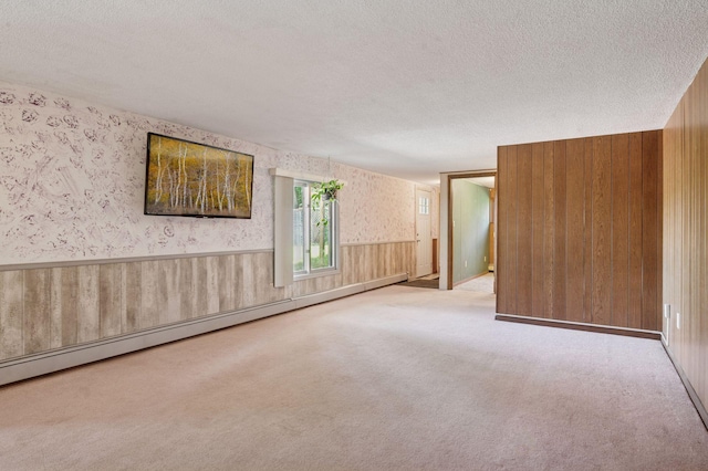 29908 108th St NW, Baldwin Twp, MN 55371 - carpeted empty room with a textured ceiling, wallpapered walls, a wainscoted wall, a baseboard radiator, and wood walls