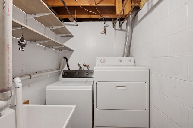 29908 108th St NW, Baldwin Twp, MN 55371 - laundry area with washer and dryer and concrete block wall