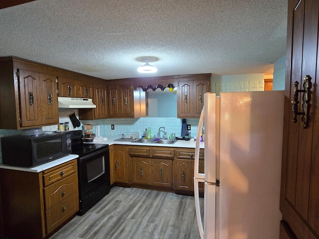 29908 108th St NW, Baldwin Twp, MN 55371 - kitchen featuring black appliances, under cabinet range hood, light wood finished floors, light countertops, and a textured ceiling