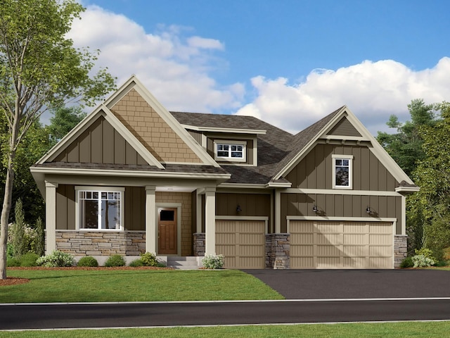14643 107th Pl N, Maple Grove, MN 55369 - craftsman inspired home with stone siding, board and batten siding, a front yard, asphalt driveway, and a shingled roof
