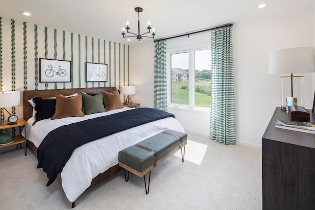 14643 107th Pl N, Maple Grove, MN 55369 - bedroom featuring a chandelier, light carpet, and recessed lighting