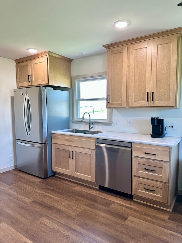 1555 US Highway 75, Lake Benton Twp, MN 56149 - kitchen with stainless steel appliances, light brown cabinetry, light countertops, dark wood-style flooring, and recessed lighting