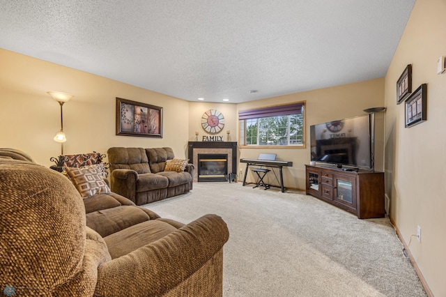 817 16th Avenue Ct W, West Fargo, ND 58078 - living area with carpet flooring, a textured ceiling, and a fireplace with flush hearth