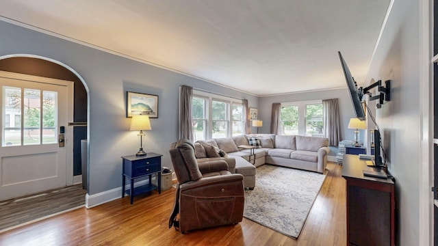 236 Alleghany Ave, Wabasha, MN 55981 - living room with wood finished floors, crown molding, and arched walkways