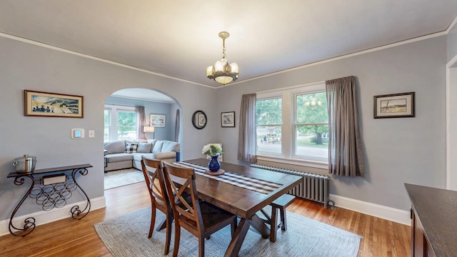 236 Alleghany Ave, Wabasha, MN 55981 - dining space with arched walkways, radiator heating unit, ornamental molding, a chandelier, and wood finished floors