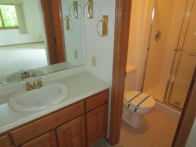 32468 County Highway 27, Elizabeth Twp, MN 56534 - full bathroom with a shower stall, vanity, and tile patterned flooring