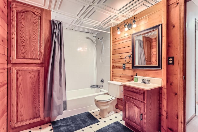 8210 208th St W, Lakeville, MN 55044 - full bath with wood walls, shower / bath combo, vanity, an ornate ceiling, and tile patterned floors