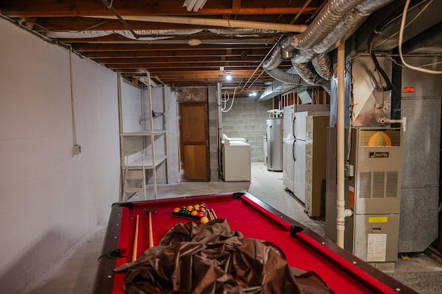 600 Venn St, Sherburn, MN 56171 - unfinished below grade area with washer / clothes dryer, billiards, water heater, and heating unit