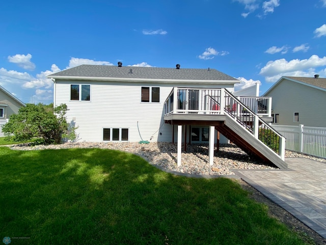 1506 Woodridge Ln, West Fargo, ND 58078 - rear view of property with stairway, a wooden deck, a patio, and a shingled roof