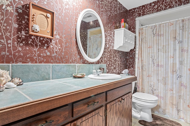 6670 Maple Dr, Rockford, MN 55373 - full bathroom with wallpapered walls, vanity, tile patterned floors, and a shower with shower curtain