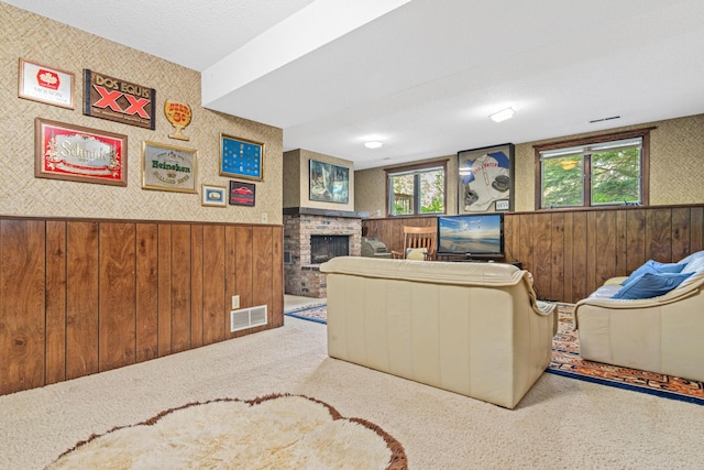 6670 Maple Dr, Rockford, MN 55373 - living room featuring wainscoting, a fireplace, wood walls, and carpet