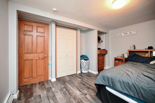 108 Hill St, Fountain City, WI 54629 - bedroom featuring dark wood finished floors, a closet, and a baseboard radiator