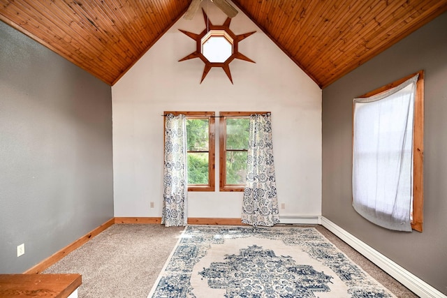 108 Hill St, Fountain City, WI 54629 - carpeted spare room featuring wood ceiling, a baseboard heating unit, and high vaulted ceiling