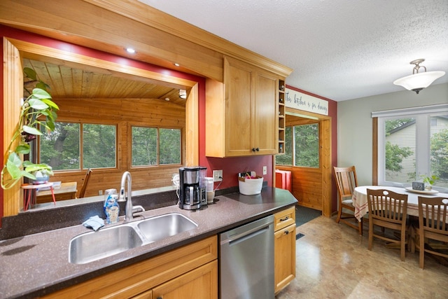 1902 3rd Ave, Grand Rapids, MN 55744 - kitchen featuring stainless steel dishwasher, healthy amount of natural light, dark countertops, and lofted ceiling