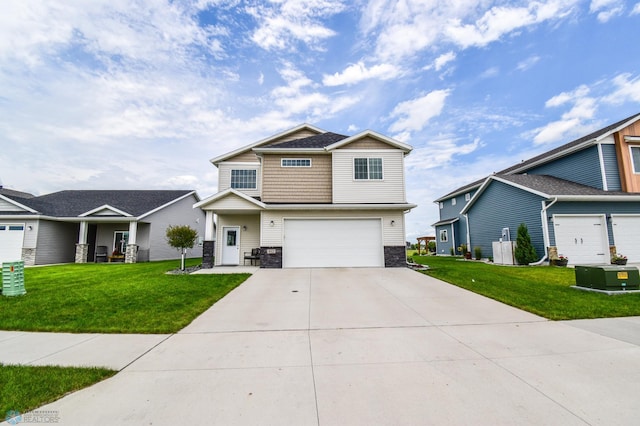 412 Hampton Dr W, Moorhead, MN 56560 - craftsman-style house with an attached garage, driveway, a front yard, and stone siding
