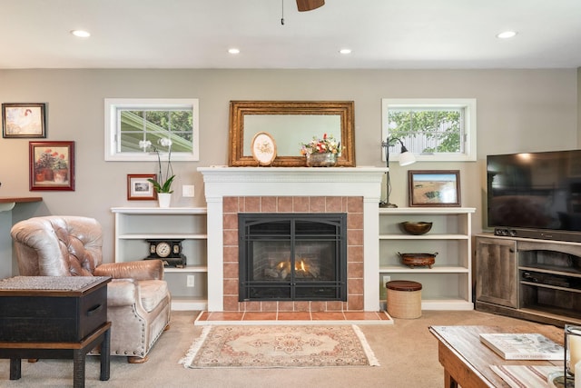 56668 145th Ave, West Concord, MN 55985 - living room with carpet floors, a fireplace, recessed lighting, and ceiling fan